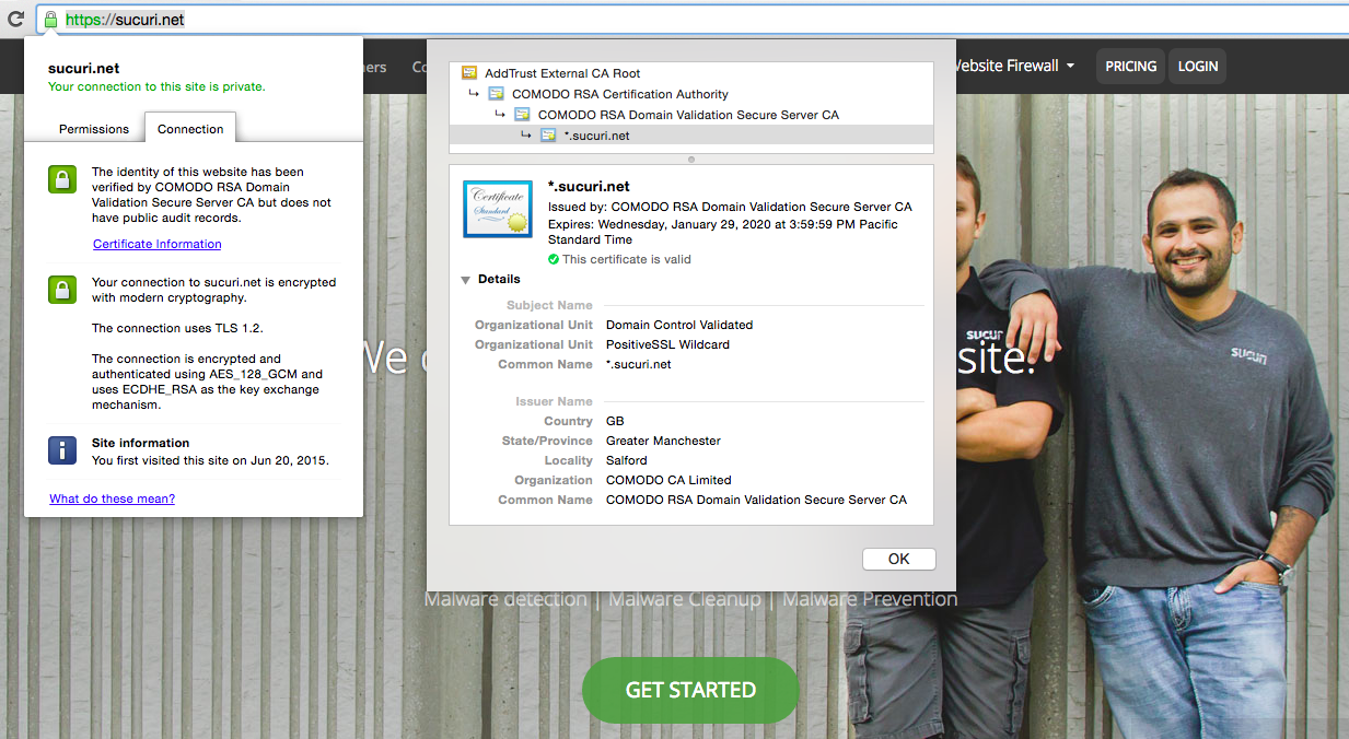 Sample Green Padlock in Browser and Certificate Information